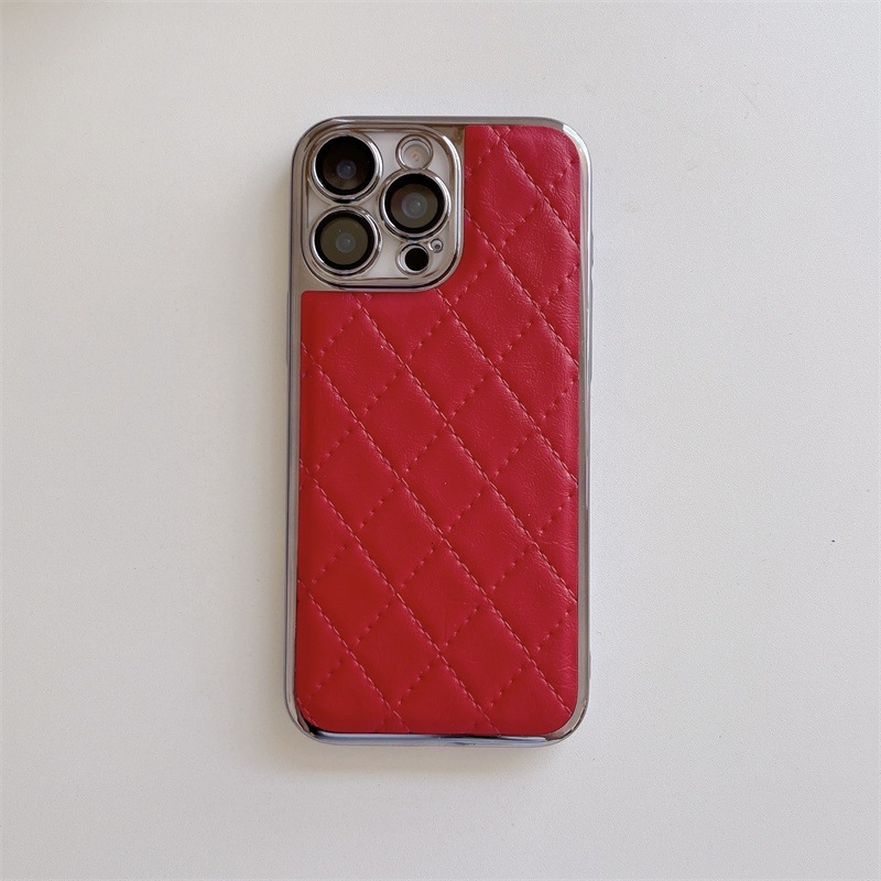 Electroplated Edge Diamond Grid Phone Case Compatible with iPhone 17 Pro Max Solid Color Faux Leather Case iPhone 16/15