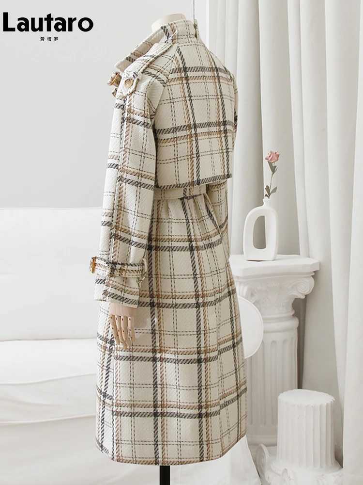 Lautaro Autumn Winter Long Loose Warm Plaid Wool Blends Trench Coat for Women Raglan Sleeve Belt Double Breasted Woolen Overcoat J251124