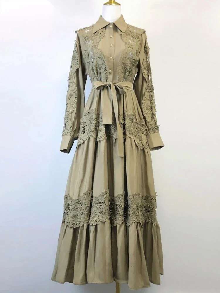 Autumn Lace Flower Embroidery Long Sleeve Maxi Evening Dresses Shirt Women Single Breasted Prom Wedding Party Vestidos