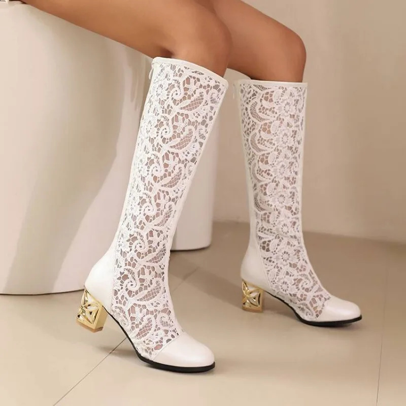 Spring and Autumn Style Fashion square Heel Mesh Hollow Womens Boots Sweet Breathable knee high boots high 5.5cm size 34-47 250418