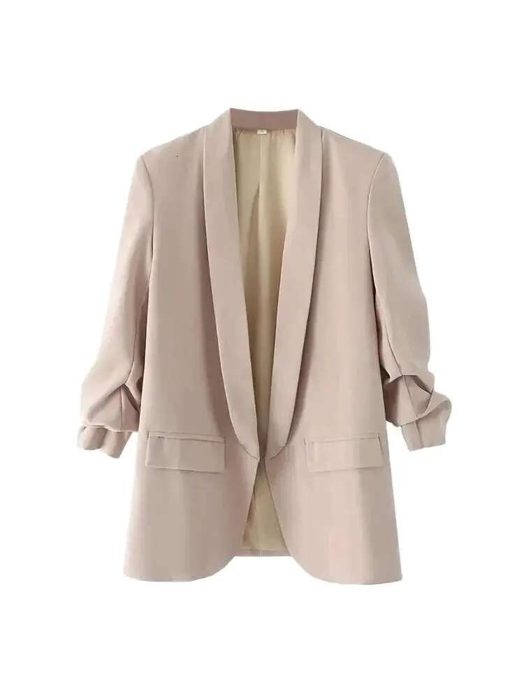 TRZA Women Fashion Office Wear Open Blazer Coat Vintage Long Pleated Sleeves Flap Pockets Female Outerwear Chic Tops