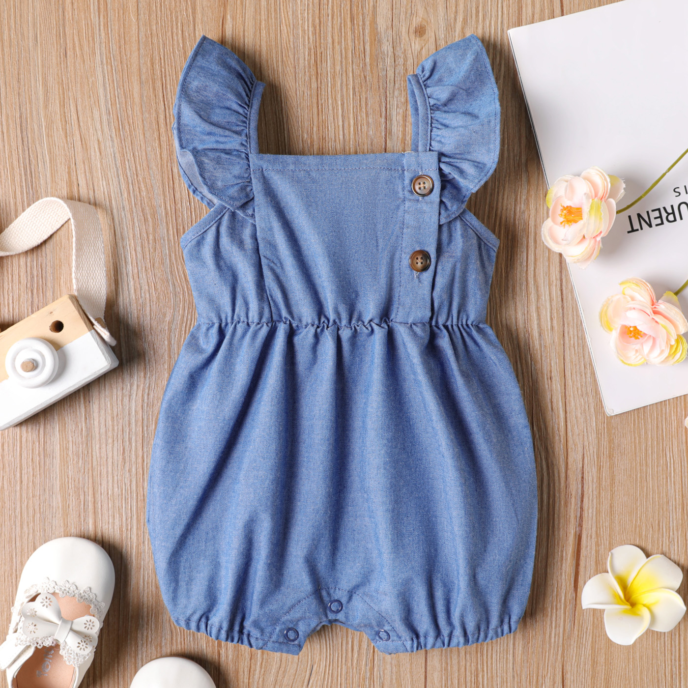 PatPat Baby Girl Ruffled Button Design Sleeveless Denim Rompers