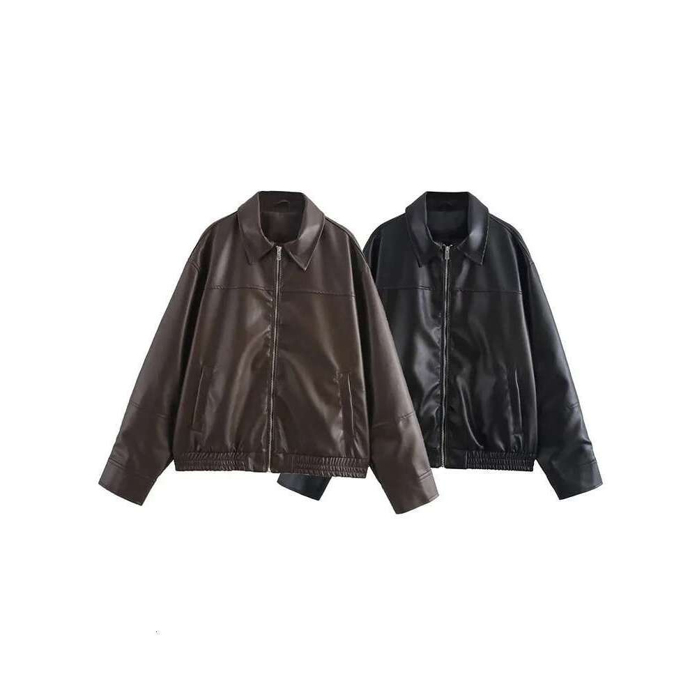 Designer Clothes Autumn And Winter New Arrivals Women's Zippered Loose Lapel Long Sleeve Faux Leather Bomber Jacket