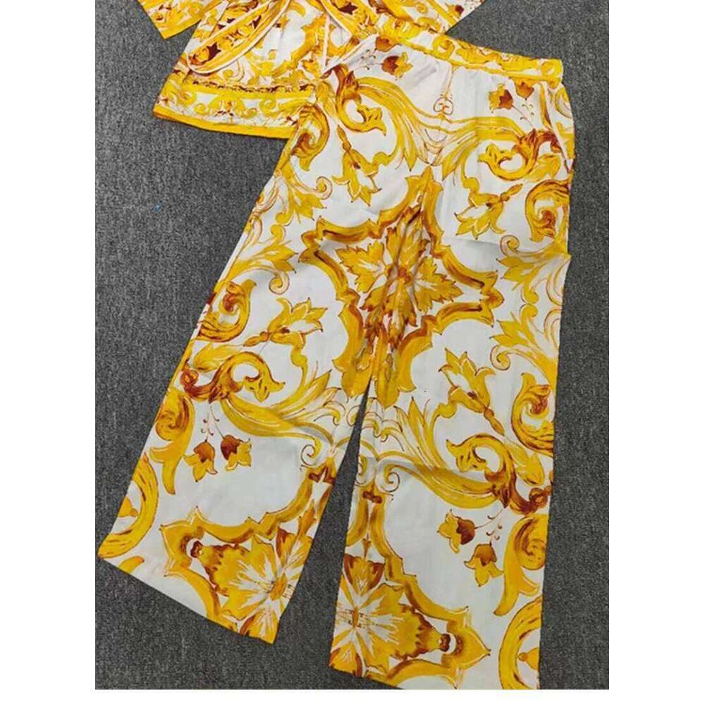 Women's Wear New Spring And Summer Geometric Printing Lapel Long-Sleeved Shirt+Elastic Waist Wide-Leg Trousers Casual Two-Piece Women's Suit