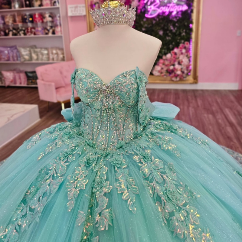 Mint Green Shiny Shiny Quinceanera Dresses Off Shoulder Ball Gown Sweet 16 Dress Applique Beading Crystal Bow Tull Corset Birthday Vestido 15 Anos