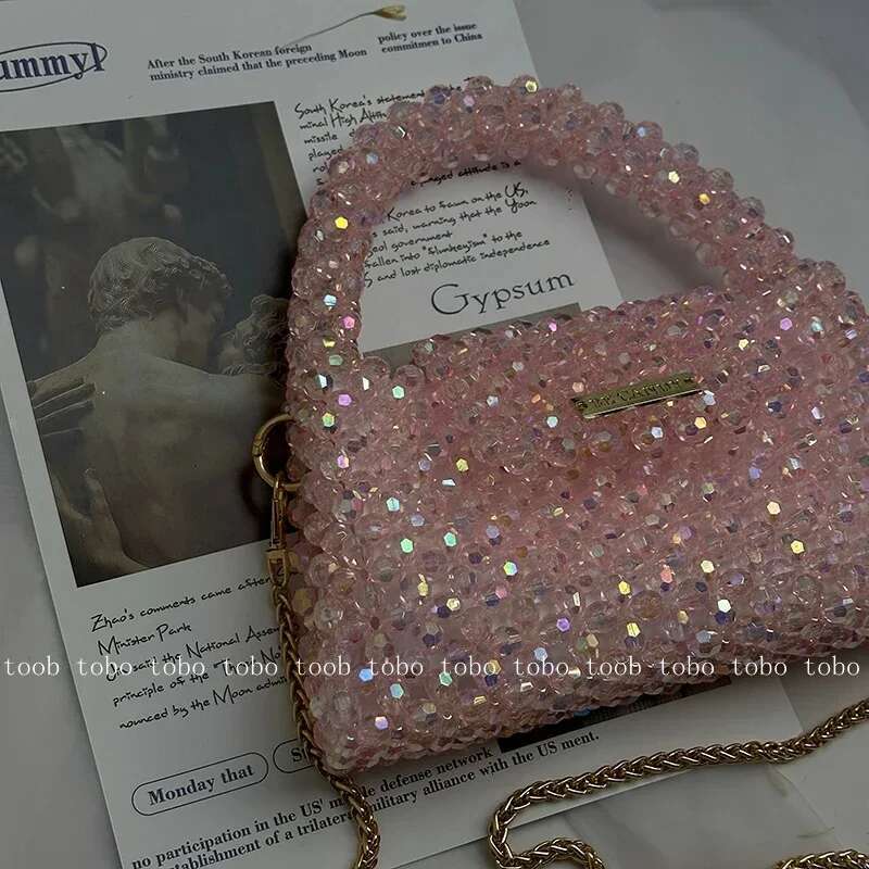 Designer bag Designer bag Designer bag Summer Shining Bling Pink Clutch Bag Acrylic Beaded Woven Handbags for Women Popular Crossbody Dinner Bags with