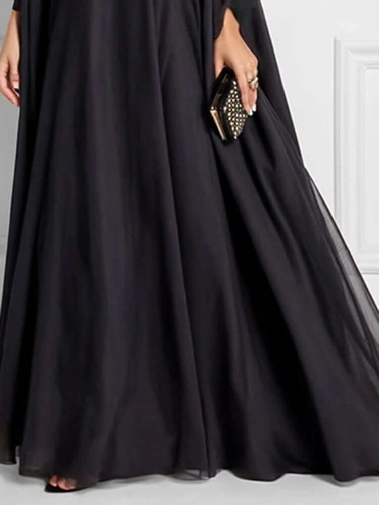 Batwing Sleeves Party Dress For Women See-Through Maxi Dresses New Casual Hook Pattern Hollow Round-Neck Robes Female