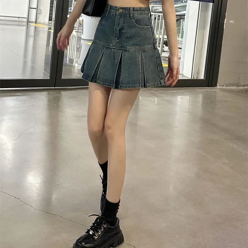 Womens High Waist Elegant Aline Skiing Girl Harajuku Denim Mini Dress Fashion Y2k Blue Packaging Hip Fold 250417
