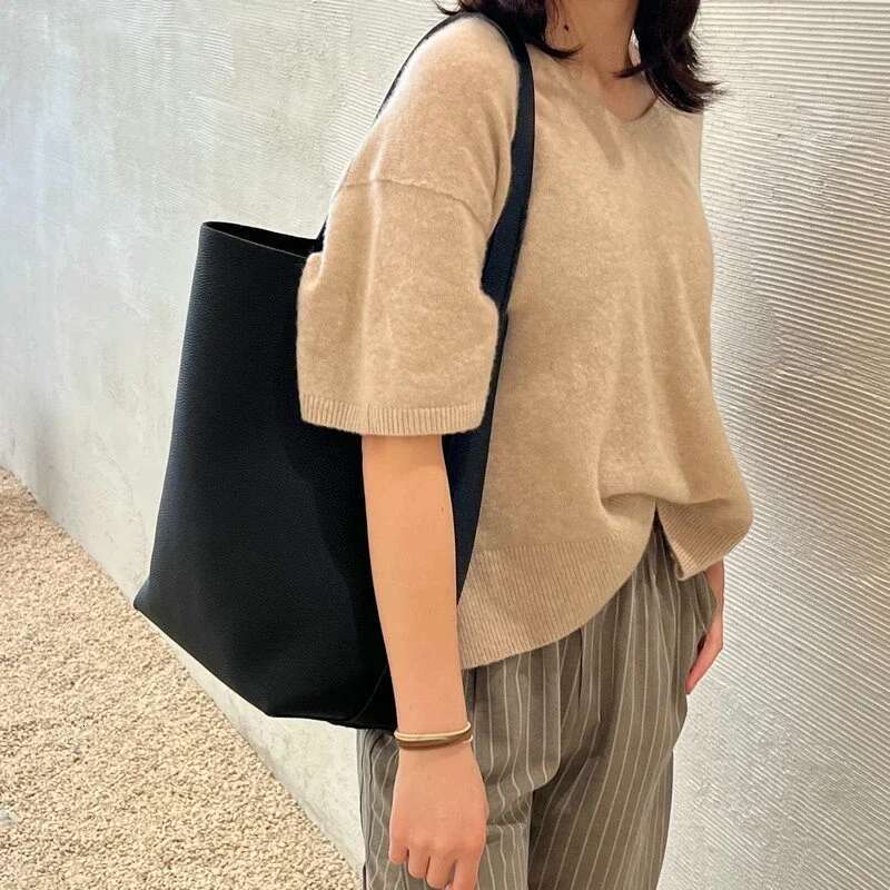 Designer Bag Simple Minimalist-Style Grey Black Bucket Tote 4 Sizes No Genuine Cow Leather Women Handbag Armpit Shoulder Bag