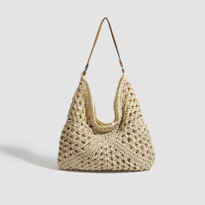 Woven Bag Beach Handmade Grass Woven Hollow Bag Square Flower Triangle Contrasting Color Woven Single Shoulder Tote Handbag
