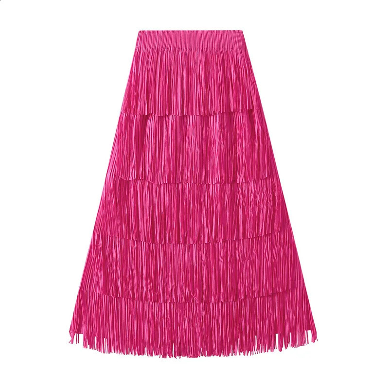 In 2025 Women Trendy Tassel Elegant Long Skirt Female Summer Korean Fashion High Waist A-line Red Skirts 250421