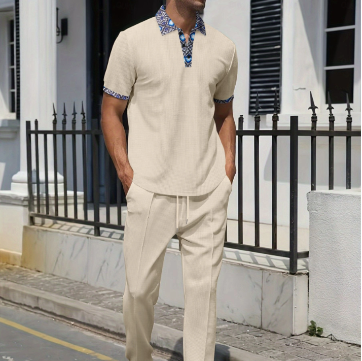 Men's spring and summer casual and comfortable waffle fabric set