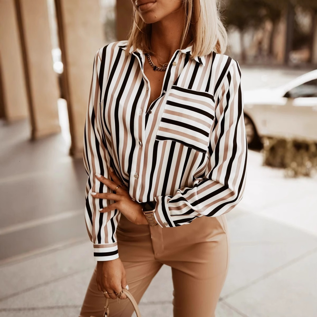 2024 autumn versatile simple striped printed V-neck shirt womens shirt