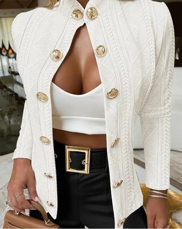 2024 metal buckle decoration stand collar long sleeved slim fit jacket womens clothing