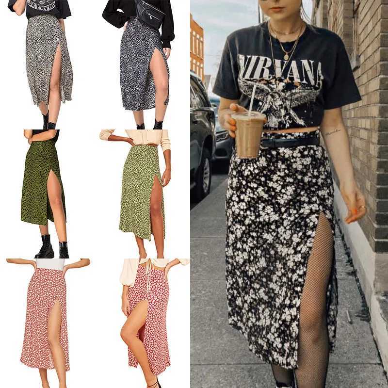 Retro leather summer leopard print high waisted stretch long womens A-Line skiing fashion beach Maxi skiing M250424