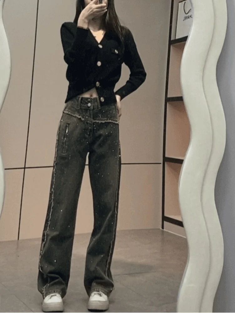 Womens jeans high waisted black all diamond rhinestone solid color straight wide legs denim pants fashion for autumn 250422