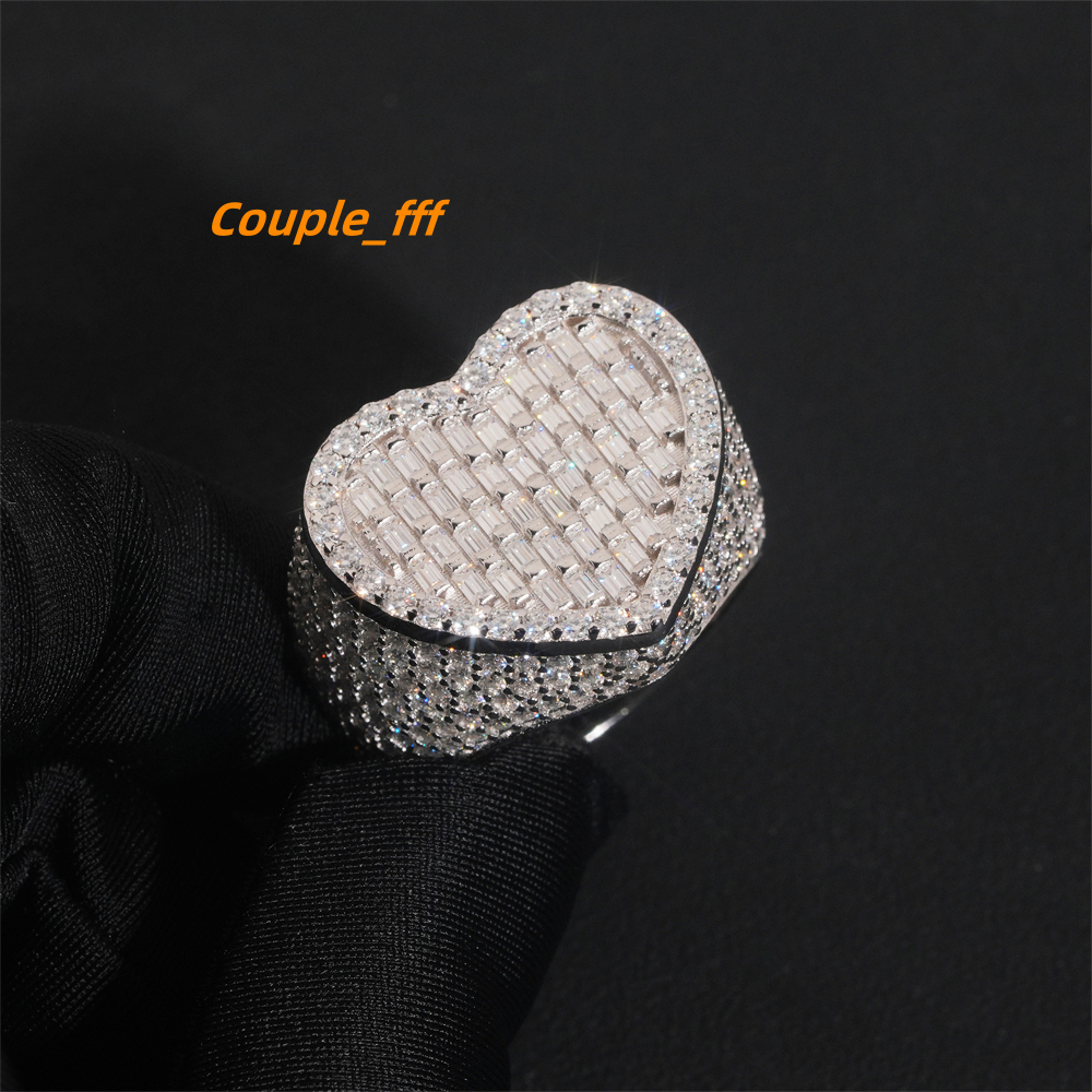 Baguette Silver Plated Hip Hop Style VVS Moissanite Jewelry Heart Shape Custom Iced Out Ring 925 Silver Diamond Rings Women Men