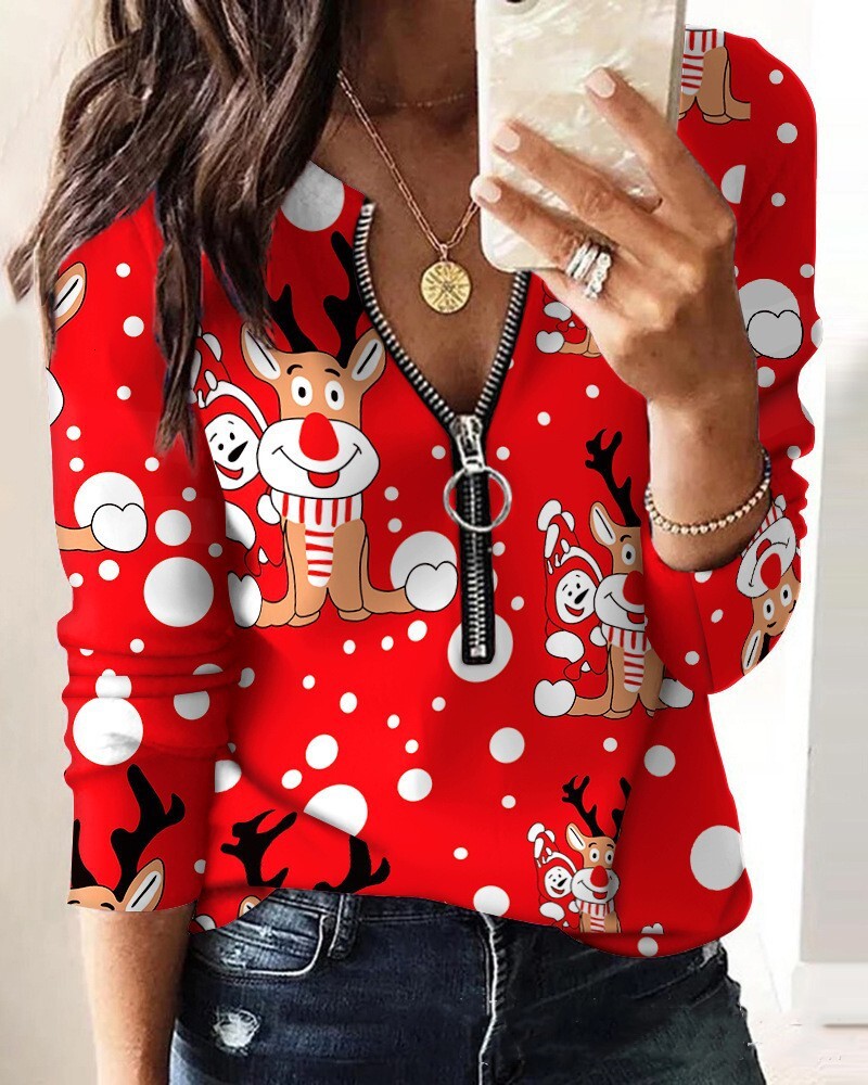 2023 Autumn/Winter New Christmas Printed V-neck Long sleeved Hoodie Womens Top