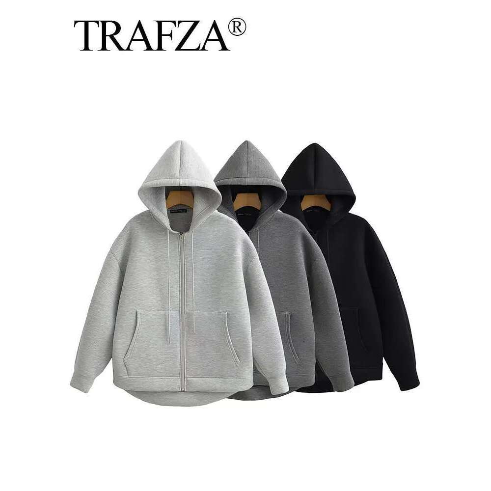 TRAFZA Autumn Women Gray With Hood Long Sleeve Big Pocket Zipper Jacket Woman Loose Casual Outerwear Coat Tops