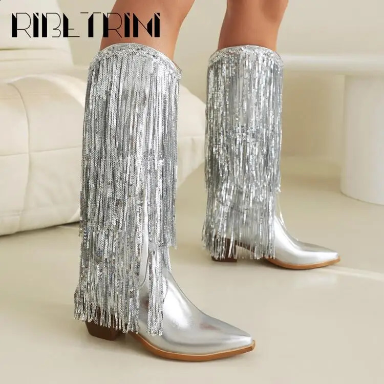 Glitter Shiny Fringe Women Western Boots Slip On Mid Calf Chunky Block Heels Shoes Sexy Elegant Party Nightclub Boots 250418
