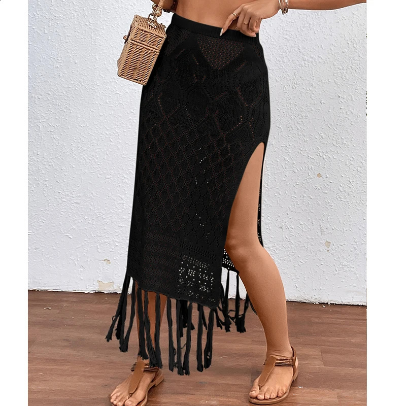 Women Knitted Texture Sarong Skirts Sexy High Slit Tassel Cover-Up Beach Summer Vacation Wrapped Skirt Bikini Cover Up 250421
