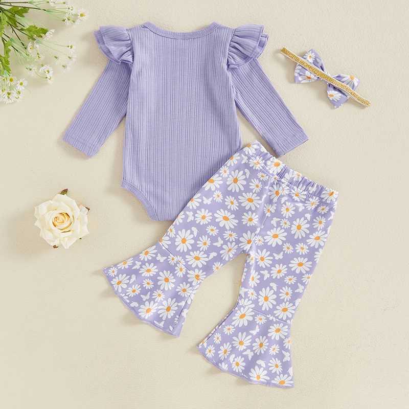 Clothing Sets 2024-05-23 Lioraitiin Baby Girl 3 Piece Fall Outfit Long Sleeve Ribbed Romper Flare Pants Bow Headband R250424