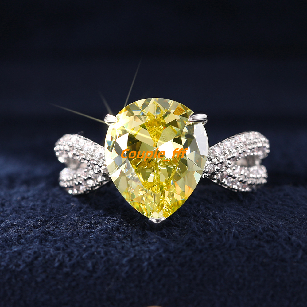 CAOSHI Women Engagement Ring Exquisite Big Pear Shaped Yellow Crystal Imitated Moissanite Silver Plated Rings for Women Jewelry