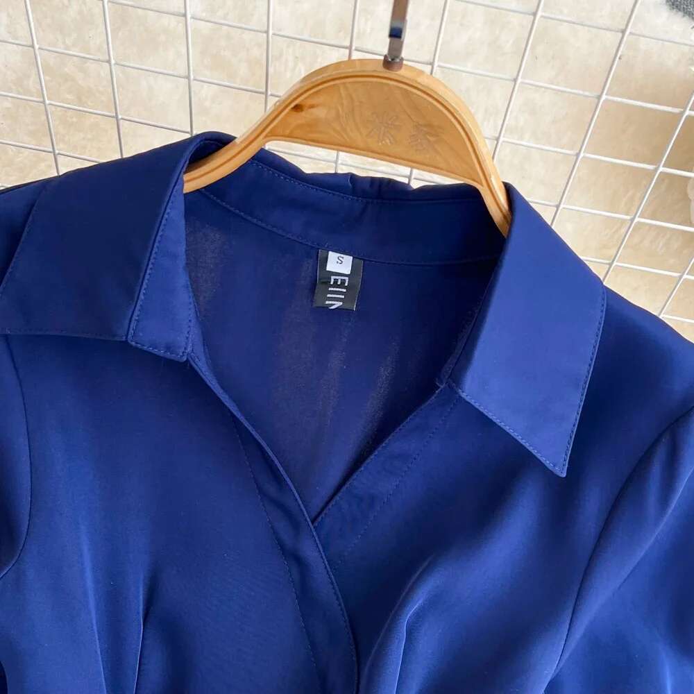 French Chic Summer Dress For Women Turn Down Collar Short Sleeve Belted Female OL Dresses Ladies Long Vestidos Dropshipping