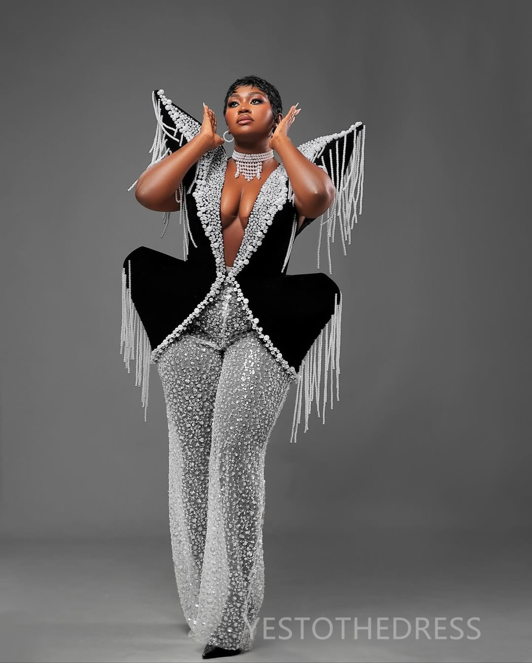 African Aso Ebi Plus Size Prom Dresses Black Jumpsuits V Neck Sexy Pearls Sequined Lace Evening Formal Gowns for Nigeria Black Women Birthday Gowns AM