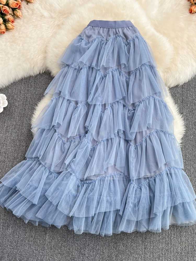 Tutu Tulle Long Skirts Women Spring Korea Solid A-line High Waist Mesh Strap Maxi Skirt Women Faldas Aesthetics M250424