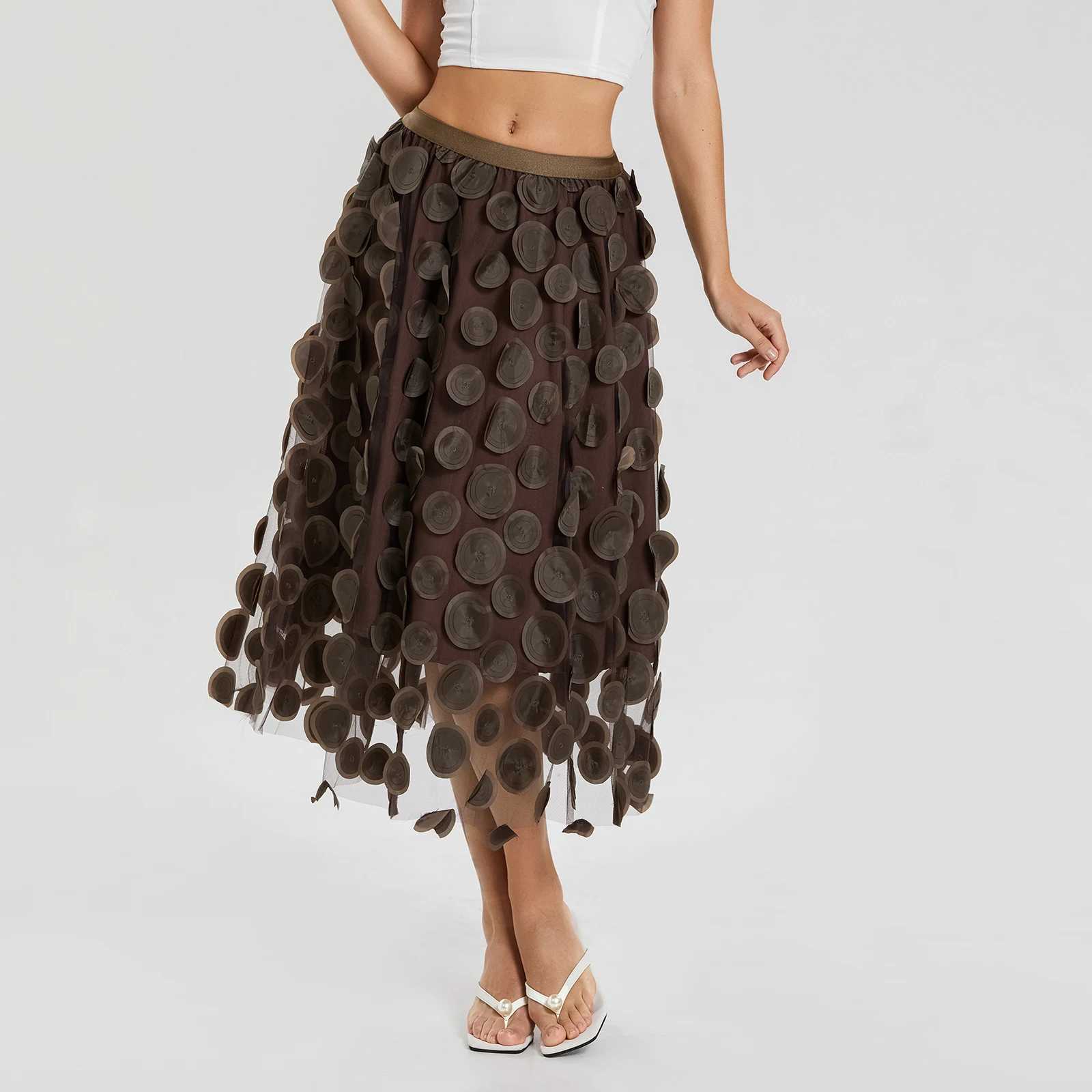 Womens sheer Tutu Skirt solid color 3D point elastic mesh fairy A-Line beach party streetwear skiing M250424