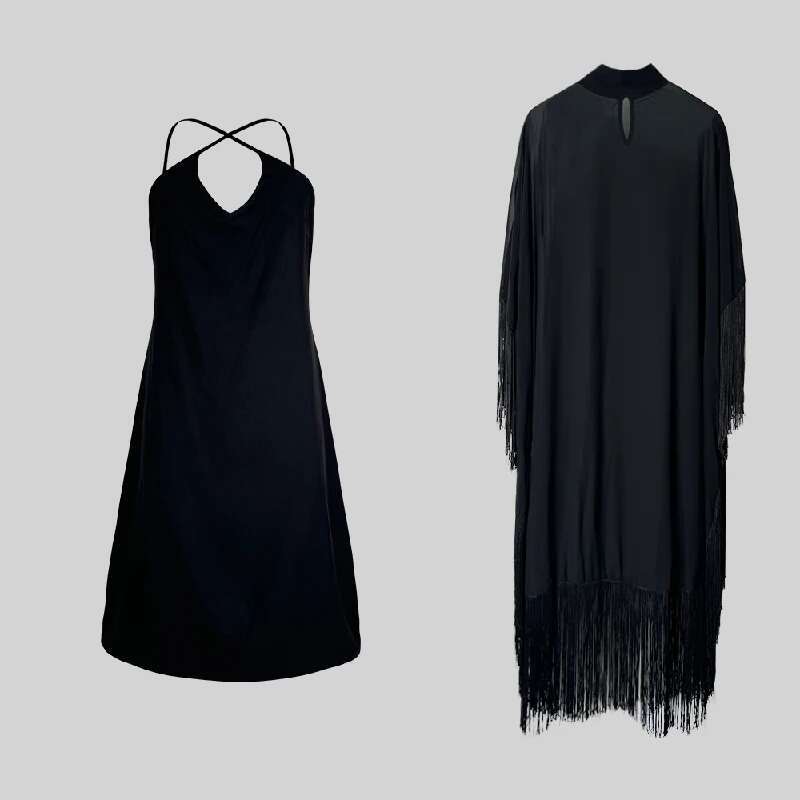 2025 New Spring Fashion See-Through Tassel Party Dresses Women Batwing Sleeves Solid Color High-Neck Two Piece Set Dress