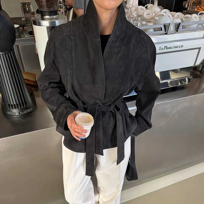 Tornova Retro Suede Long-sleeved Jacket Coat Female V neck Lace Up Jacket 2025 Autumn Winter New Commute Office Lady Outerwear J251124