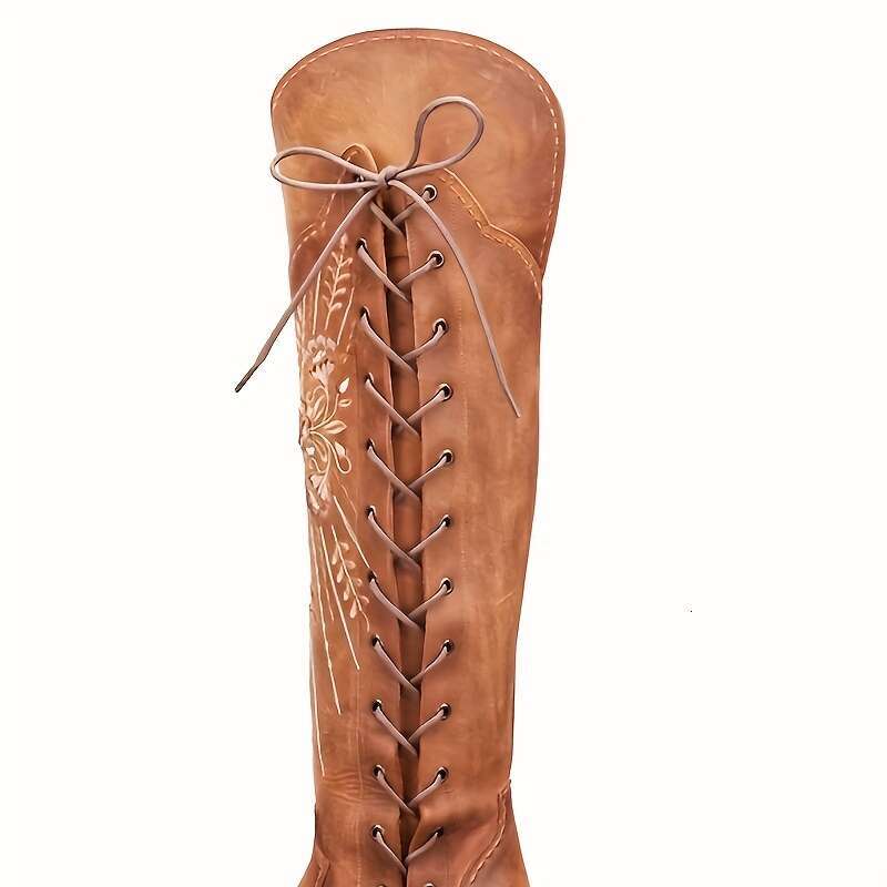 Women's Western Cowgirl Wide Calf Embroidered Pointed Toe Over-The-Knee Mid-Heel Lace-Up & Side Zipper Faux Cover Boots For Dresses Jeans All-Sea