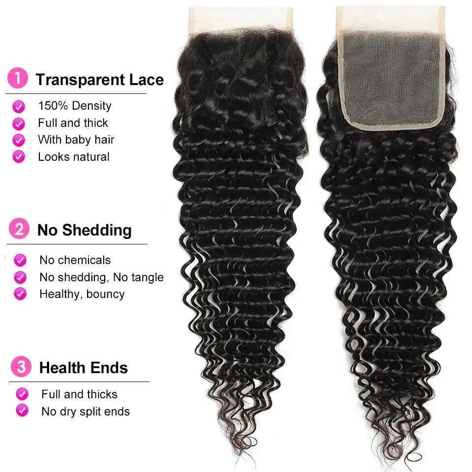 Deep Wave Brazilian Virgin Human Hair 3 Bundles With 4X4 Lace Closure For Black Women Natural Color 30 Inch