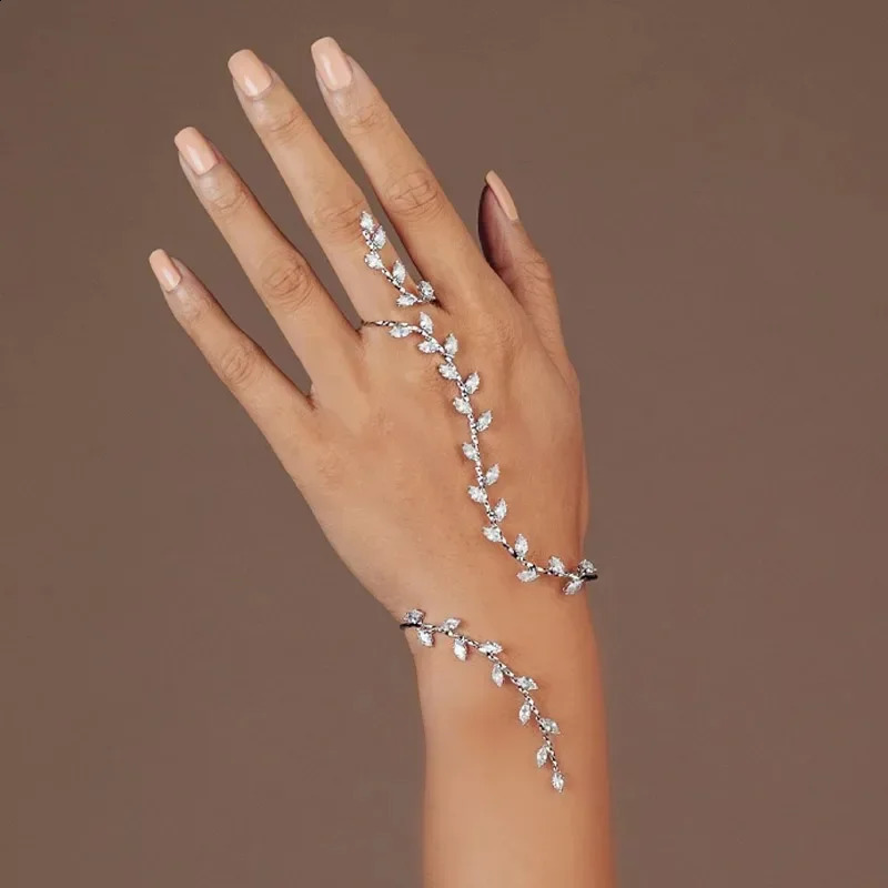 Adjustable Leaf Cube Zircon Bracelet Womens Handmade Bridal Wedding 250415