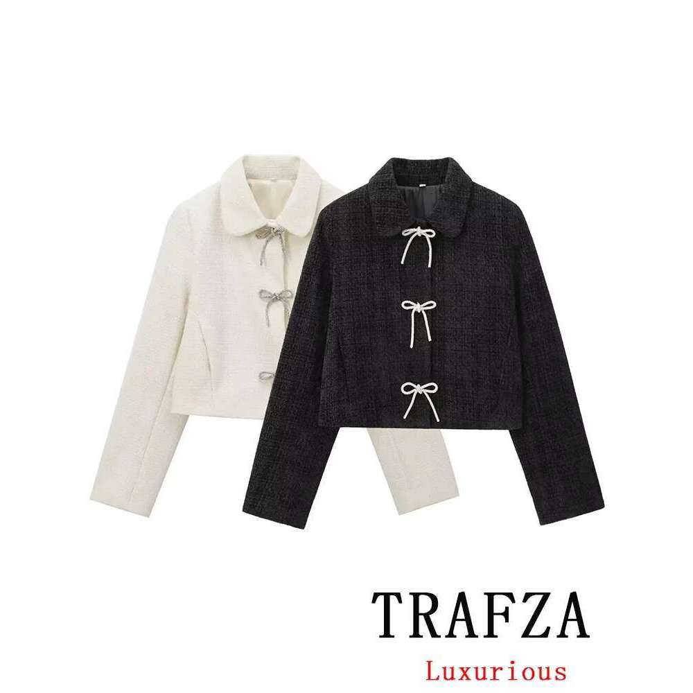 Designer Clothes TRAFZA Vintage Casual Chic Women Jackets Solid Bow Button Long Sleeve Coats New Fashion Autumn Winter Jacket Outwear