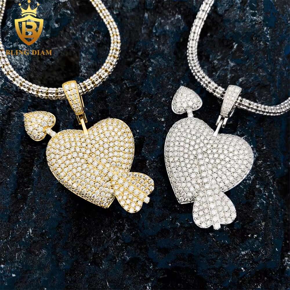 Hip Hop Jewelry Fashion Necklace 925 Sterling Sliver VVS Moissanite Cupids Arrow Heart Charms Pendants