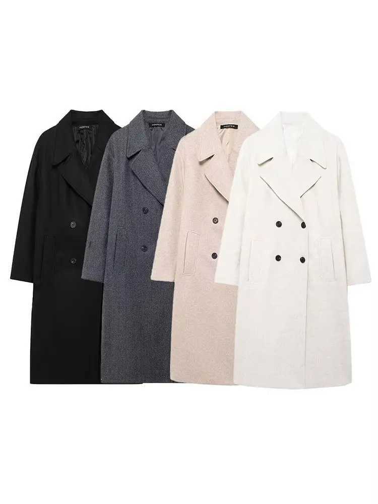 TRAFZA Women Winter Casual Wool Blend Notched Lapel Collar Coat Chic Double-breasted Trench Coats Oversized Female Long Jackets J251124