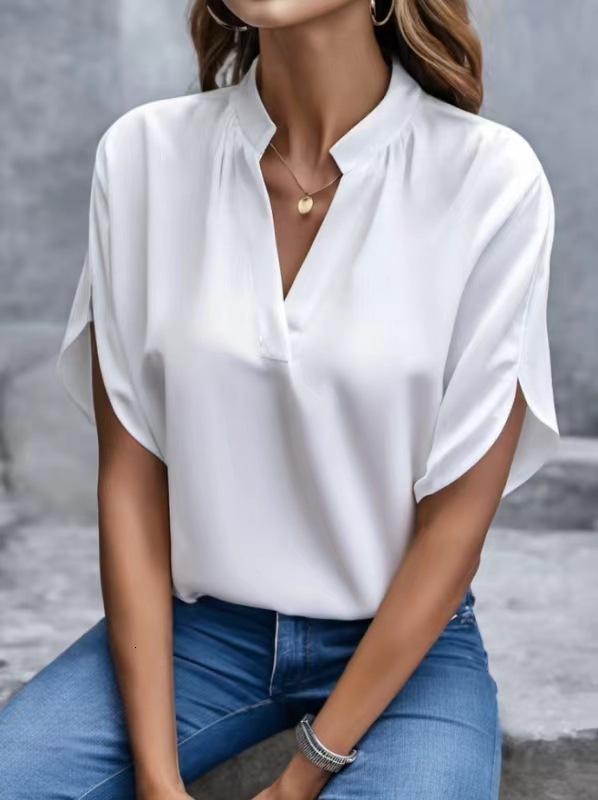2024 summer simple casual solid color V-neck loose shirt top for women