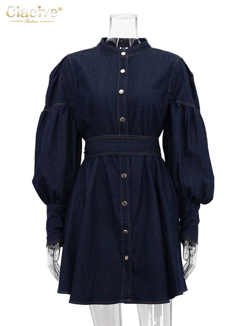 Clacive Fashion Slim Blue Denim Women's 2024 Elegant Stand Collar Long Sleeve Mini Dresses Vintage High Waist Female Dress