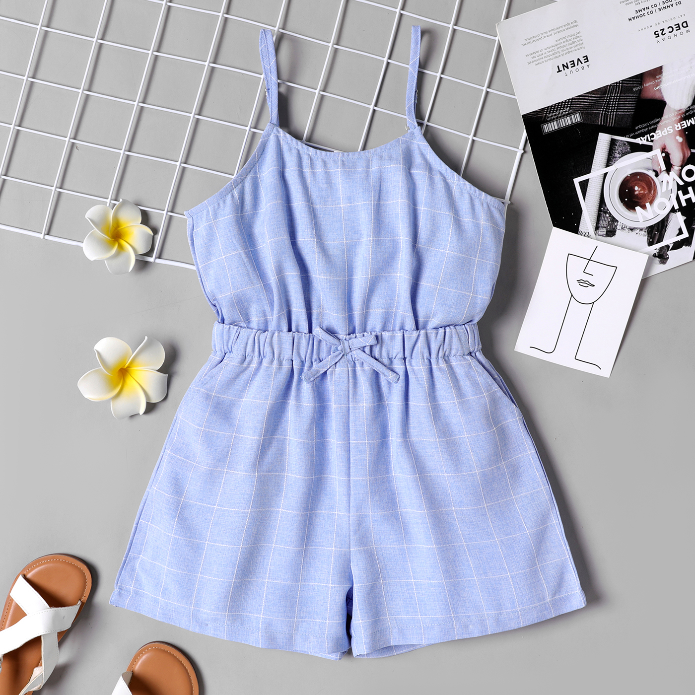 PatPat Kid Girl Blue Plaid Slip Rompers 6-12Y