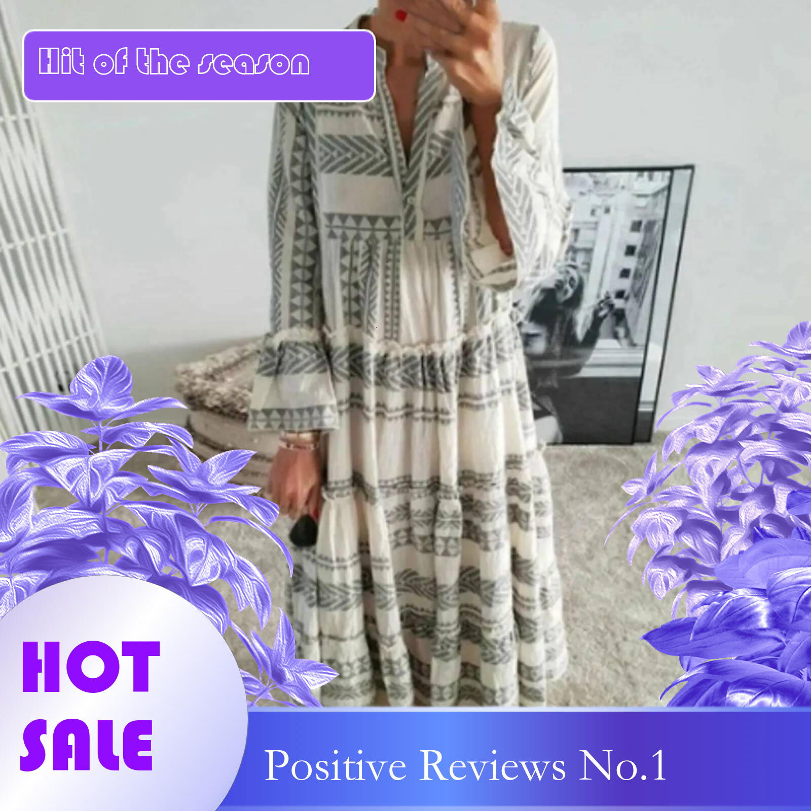 Dongdumaoyi Fashion Geometric Print Dress Women Flare Sleeve V Neck For Beach Vacation Casual Loose Ladies Ruffles Flared A Line