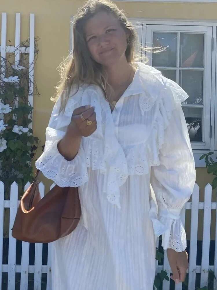 Gypsylady Elegant Chic Lace Maxi Dress White Cotton Autumn Spring Long Sleeve Women Dresses Loose Hollow Out Holiday Vestidos