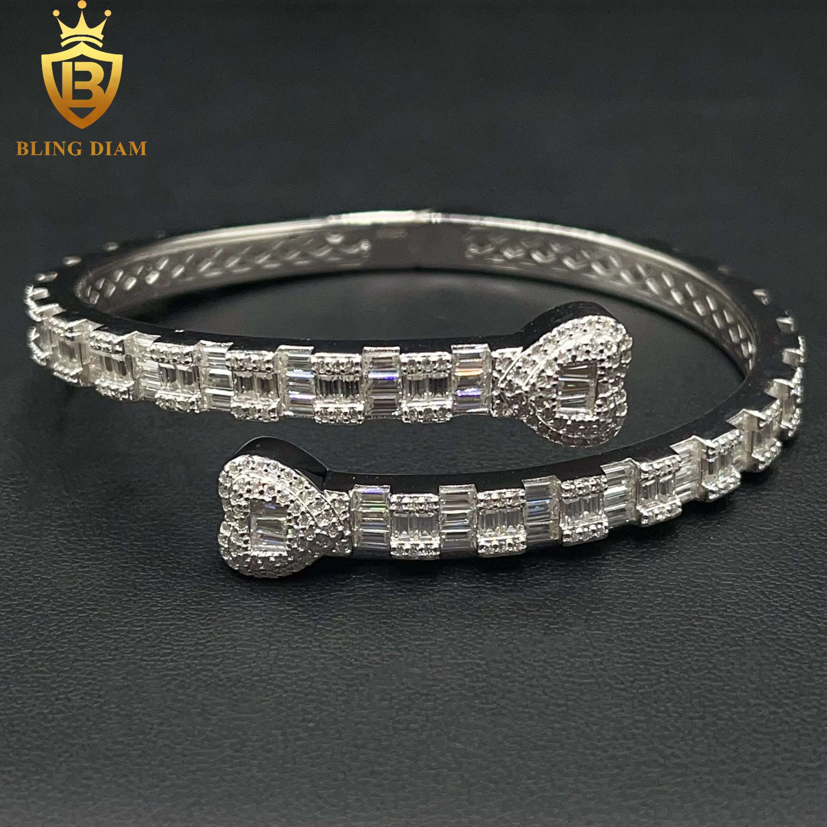5.8mm Heart Design Fashion Jewelry Open Bracelet 925 Sliver Iced Out Baguette Moissanite Bracelets