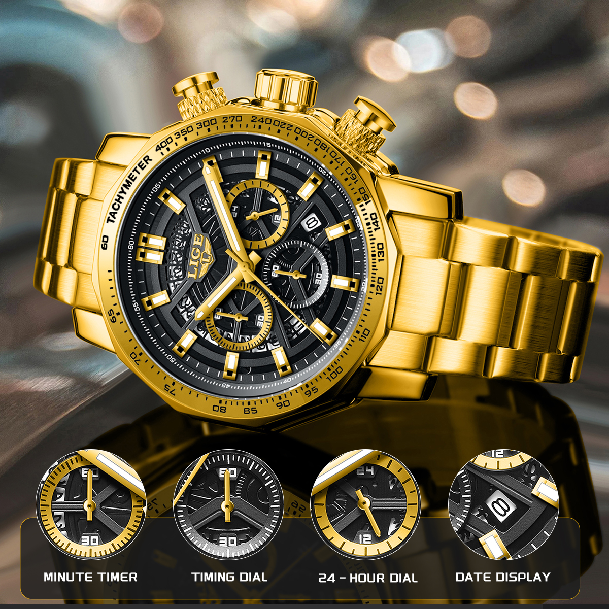 LIGE Men's Steel Strip Calendar Watch Men's Watch Six Pin Multi functional Waterproof Calendar Men's Watch