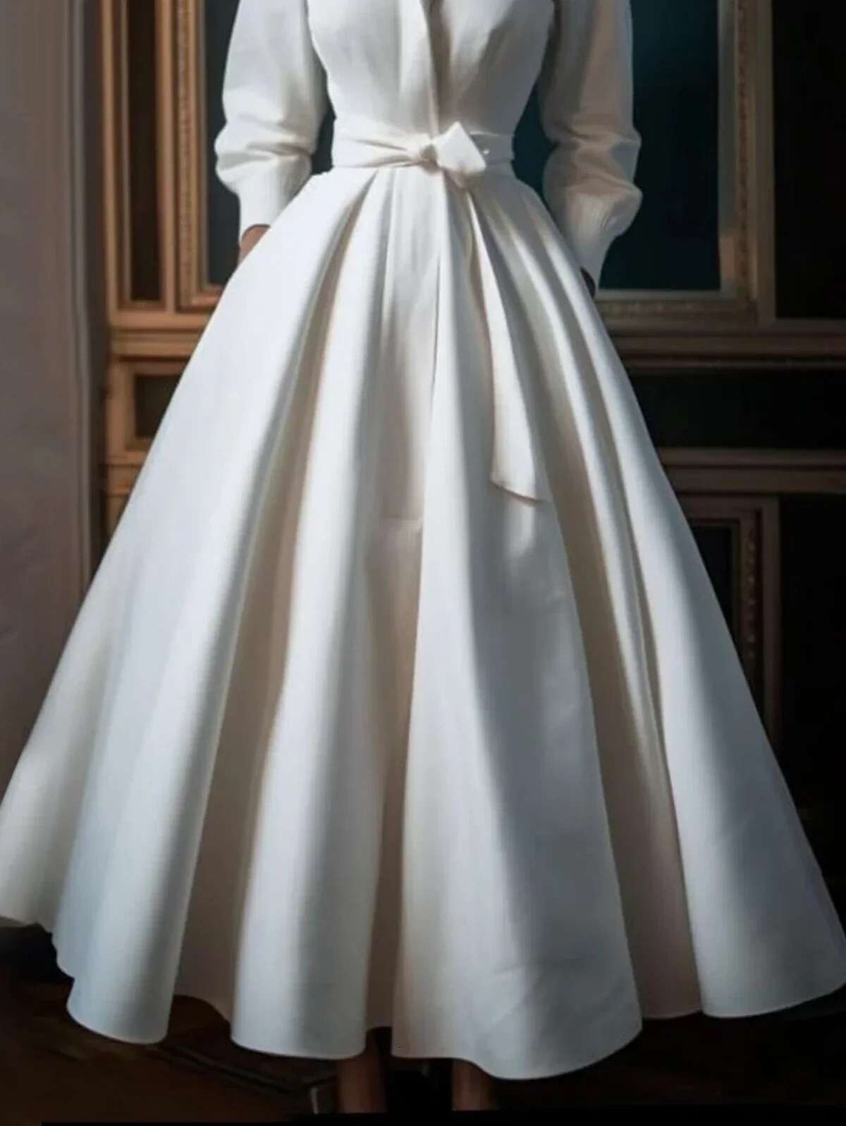 Women Elegant Shirt Dress Sleeve Stand Collar White Minimalist A-Line Pleated Wedding Guest Long Dresses With Blet 2024
