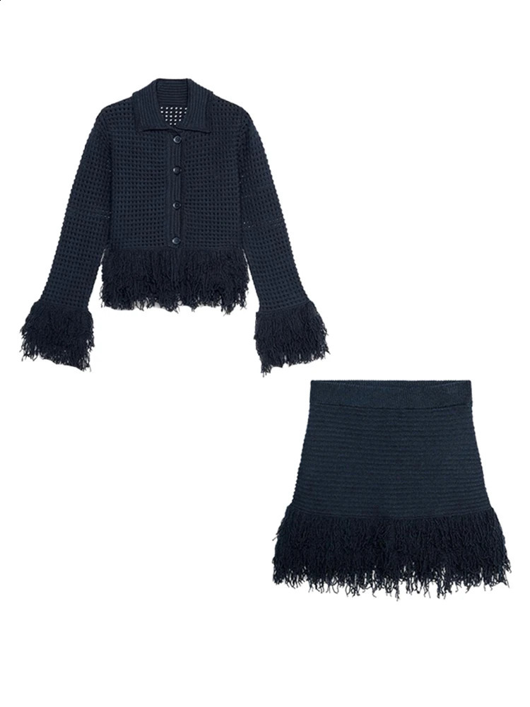 Sexy Knitted Tassel Top Womens Long Sleeve Collar Single Chest Top Folded Mini Skirt Fashion Solid Womens Set 250423