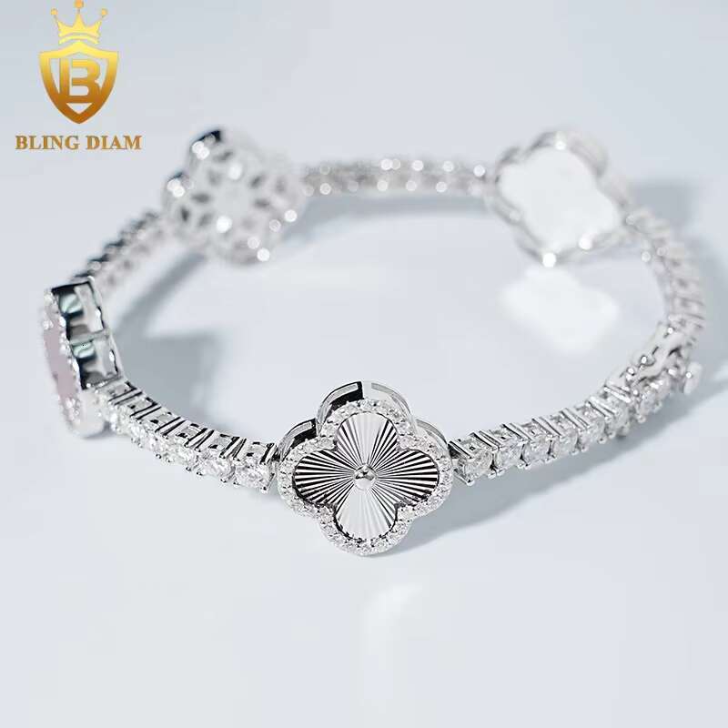 3mm Fashion Fine Jewelry Red Agate Four Leaf Clover Iced Out Moissanite Tennis Chian Bracelet