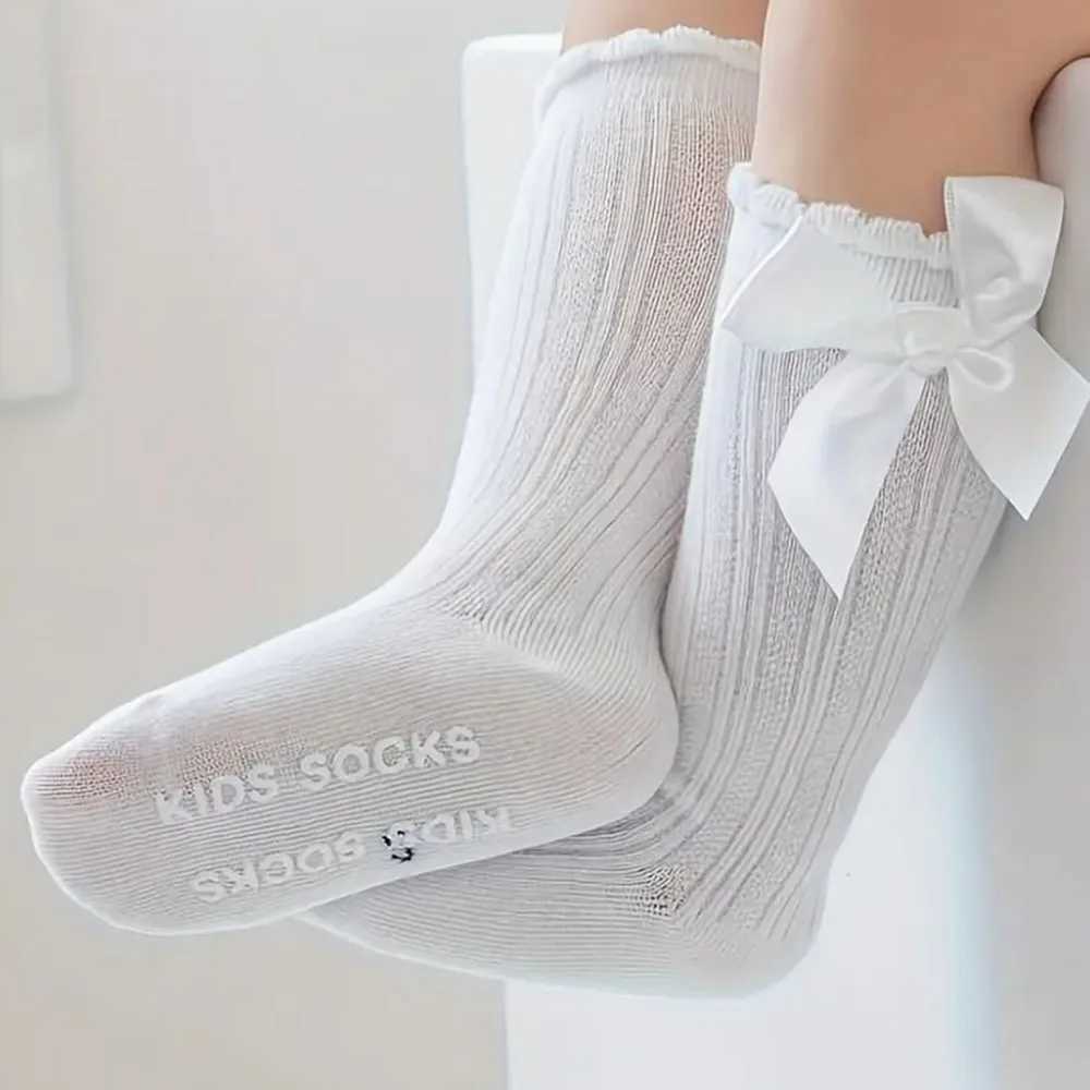 Girls Solid Crew Socks With Bowknot Comfy Breathable Casual Soft Socks For Kids Outdoor Activities G251124